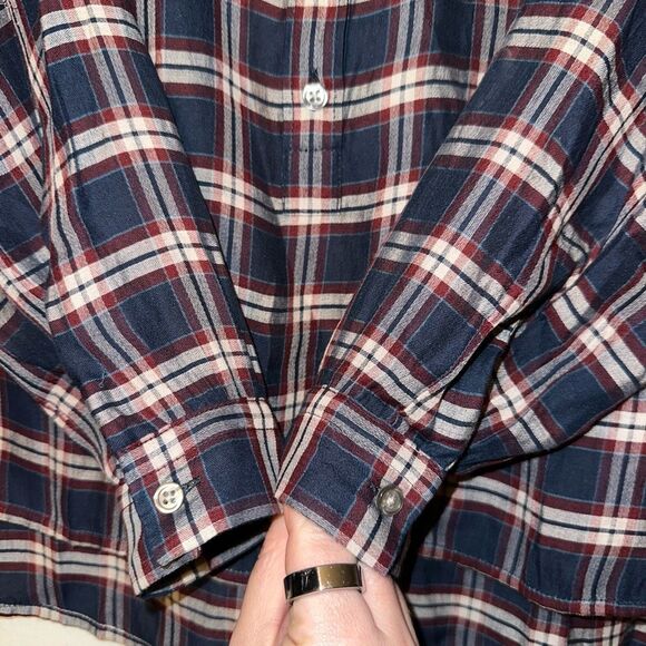 Ann Taylor LOFT SP The Softened Shirt Navy Red Plaid Half Button Collared Womens - Picture 5 of 9